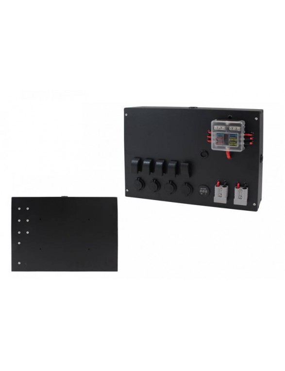 Panel przełączników Box ALU, ON-OFFx5, 3xGZ, USB 3.1A, 1x Voltomierz 6 Bezpieczników IP68