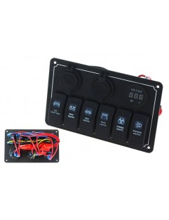 Switch 12 / 24V ON-OFFx6, 1xZ, 2xUSB 3.1A, 1 LED volt, 3xB 15A IP68 Blue