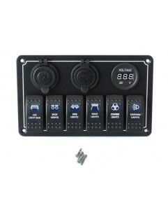 Strömbrytare 12 / 24V ON-OFFx6, 1xZ, 2xUSB 3.1A, 1 LED volt, 3xB 15A IP68 Blå